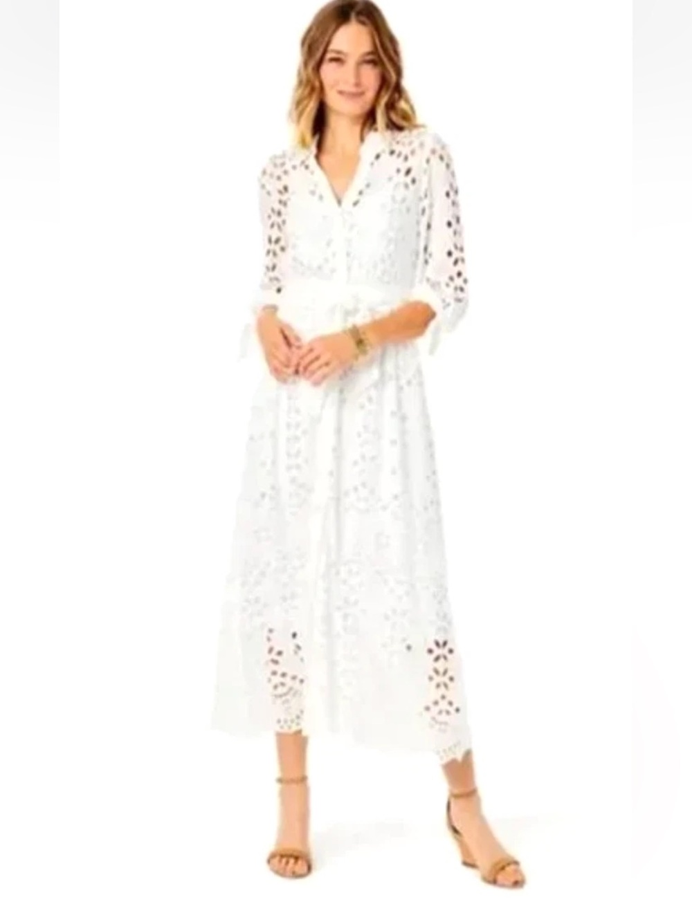 White Eyelet Midi Shirt Dress